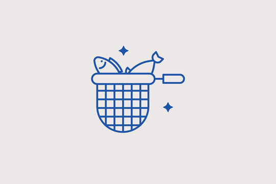 Keepnet mesh line icon for angling sport catch storage. Simple vector illustration for river fishing guides.