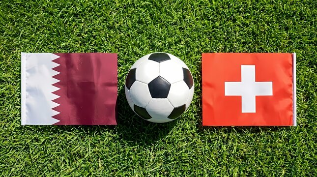 International Football Match Concept With Qatar And Switzerland National Flags And Soccer Ball On Green Grass