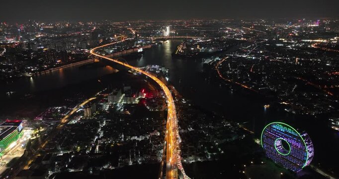 Aerial footage of night landscape in Guangzhou city, China 