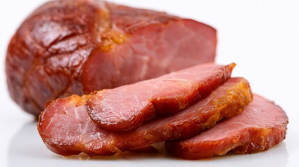 Obraz premium A delicious sliced ham on a white surface with a whole ham in the background