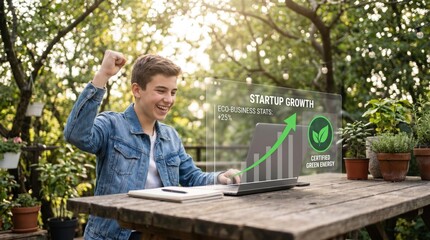Fototapeta premium A happy teenager celebrating startup growth features a laptop with green business hologram interface and blurred garden background