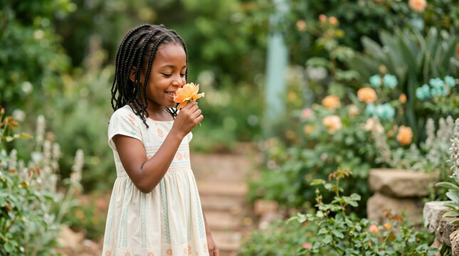 Cute Black girl smelling a flower in a summer garden. Happy child with braided hair enjoying the scent of a fresh rose outdoors