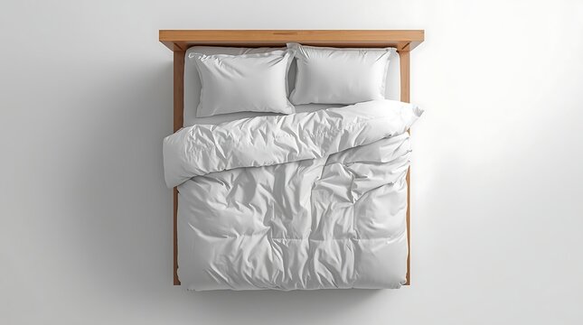 Top-down view of a cozy bed with white bedding and pillows, ready for relaxation.