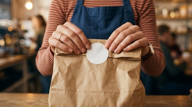 Hands of a cafe worker carefully applying a custom brand sticker to a brown paper take-out bag for a customer order