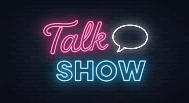 Talk Show Neon Sign on Dark Brick Wall Background with Speech Bubble Icon