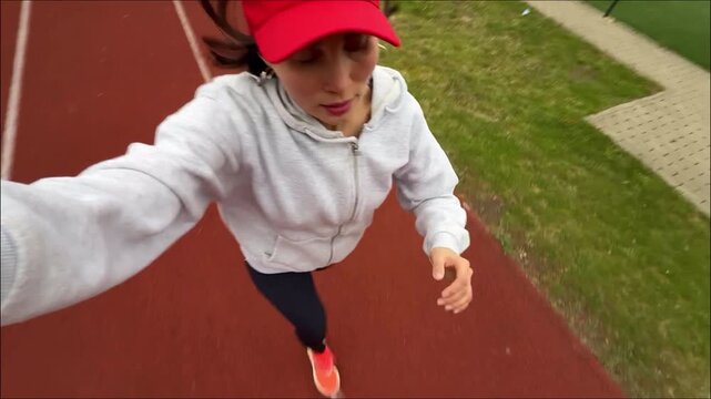 High angle POV selfie of a young active woman in a red cap running on an athletic track, horizontal smartphone video screenshot for fitness blogging and content creation concept