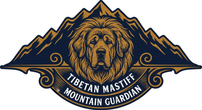 Powerful Tibetan mastiff dog emblem with serious canine expression guarding rugged mountain peaks. Vintage graphic design showcasing