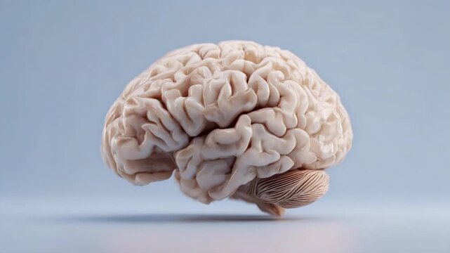 Detailed anatomical model of human brain with visible cerebral folds and sulci in side view on soft blue background