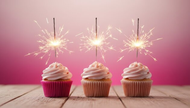 Sparkling birthday cupcakes with burning sparklers, festive pink celebration muffins on wooden table, sweet party desserts for anniversary