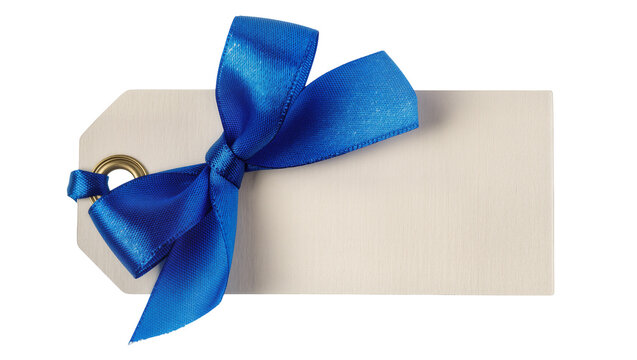 Blank beige gift tag with blue satin ribbon bow and grommet