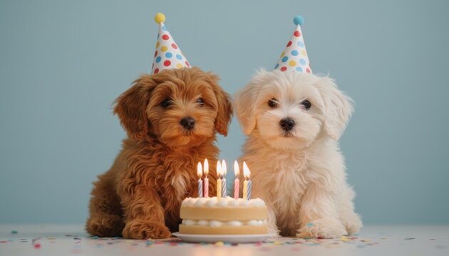 Adorable puppies celebrating birthday with cake and party hats, cute maltipoo and poodle dogs at festive event, pet anniversary celebration