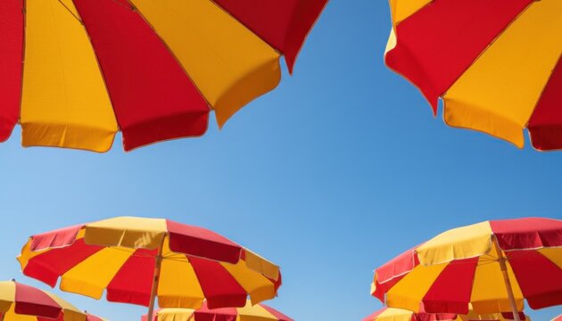 Vibrant red and yellow striped beach umbrellas, low angle view of colorful parasols against a clear blue sky, summer vacation and tropical travel concept