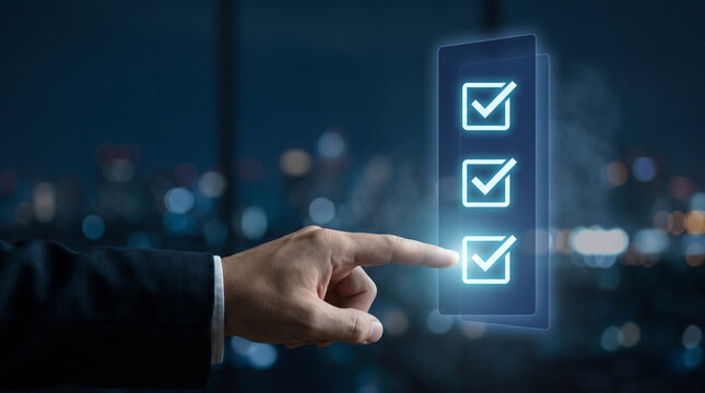 Holographic Checklist Panel With Glowing Checkmarks Floats Above Professional Hand Against City Bokeh to Mark Completed Tasks, Track Project Milestones, Verify Action Items