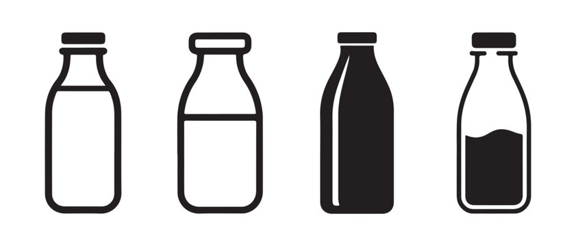 Set of black milk bottle icons with different fill levels.