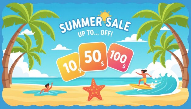 Summer sale banner with tropical beach background, seasonal discount promotion with palm trees and surfing, colorful vacation marketing poster