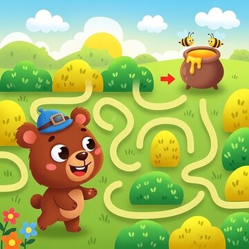 Cute Cartoon Bear Solving Honey Maze in Colorful Meadow