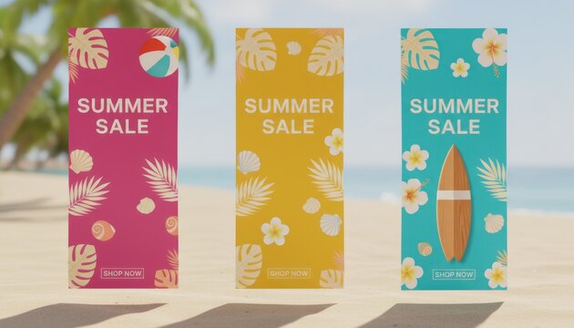 Summer sale vertical banners set, tropical promotional flyers with palm leaves and surfboard, colorful seasonal marketing templates on beach background