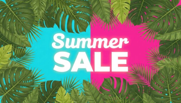Summer Sale promotional banner, tropical palm leaves frame on vibrant pink and blue background, seasonal discount marketing graphic