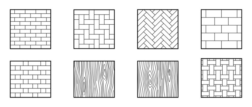 Seamless flooring texture patterns with brick and wood grain designs. Architectural hatch patterns for tiling and woodwork, geometric mosaic and natural wood fiber illustrations.