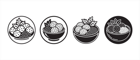 Set of four black and white icons featuring bowls of delicious berry fruit salad and healthy food snacks in circular frames for menu design. © CreatetiveDesignX
