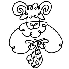 Fototapeta premium Continuous line drawing of a ram knitting with needles, minimalist one-line art.