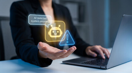 Naklejka premium Holographic Chatbot Alert With Warning Triangle Appears Above Professional Open Hand to Detect System Anomaly, Display Notification Message, Signal Diagnostic Status, and Trigger Automated Response
