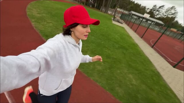High angle POV selfie of a young active woman in a red cap running on an athletic track, horizontal smartphone video screenshot for fitness blogging and content creation concept