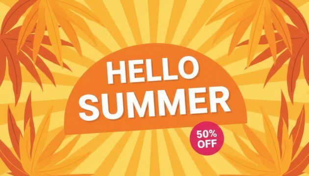 Vintage hello summer text badge, orange sunburst background with tropical palm leaves. Seasonal sale promotion banner design