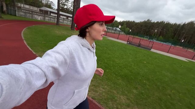 High angle POV selfie of a young active woman in a red cap running on an athletic track, horizontal smartphone video screenshot for fitness blogging and content creation concept