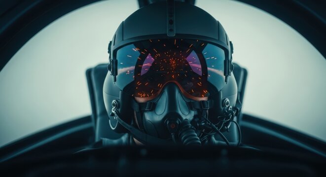 Closeup of a fighter pilot wearing a helmet and oxygen mask inside a cockpit with a glowing reflection on the visor