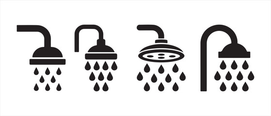 Set of four black shower head icons with water drops falling down. © CreatetiveDesignX