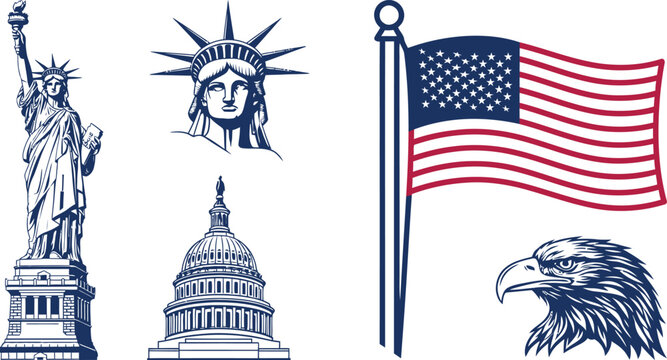 United States of America symbols with Statue of Liberty flag capitol building and eagle vector illustration