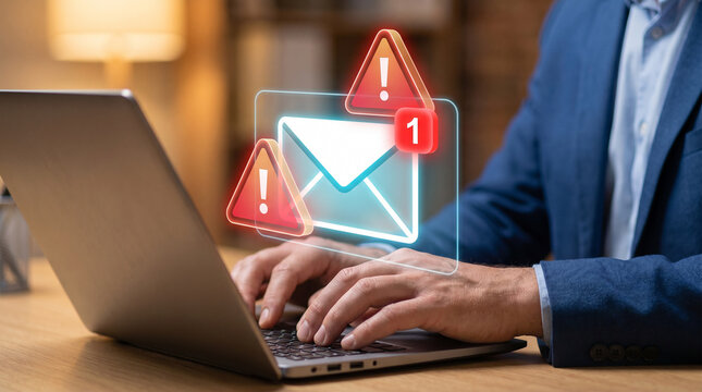 Phishing Alert Email Notification with Warning Icons Appears Above Office Laptop to Signal Suspicious Message, Detect Spam Threats, Flag Malicious Content, and Block Unauthorized Access