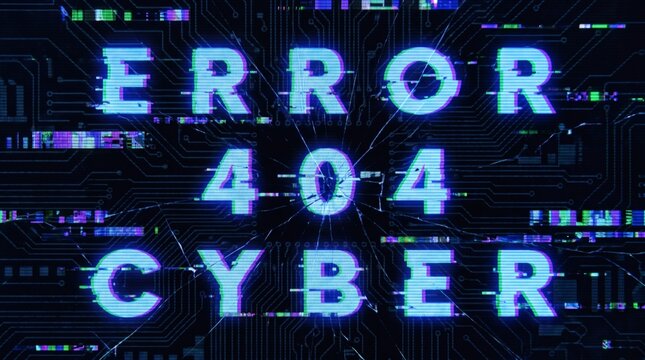 Digital glitch effect displaying "ERROR 404 CYBER" with circuit board background.