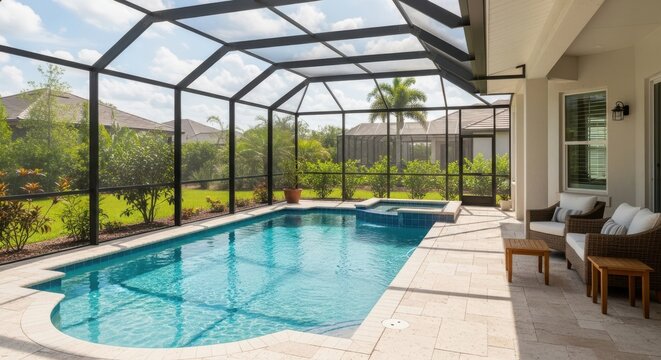 Modern luxury home patio with a screenedin swimming pool and spa, featuring comfortable outdoor furniture and lush landscaping