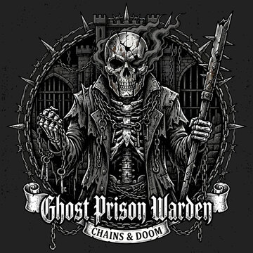 Ghost prison warden skeleton with chains and keys, gothic castle background vector.
