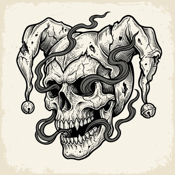Jester skull with smoke and bells, vintage engraving style illustration.