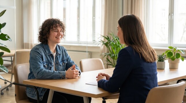 Two Women Smiling ADHD Coaching Session Bright Office Plants