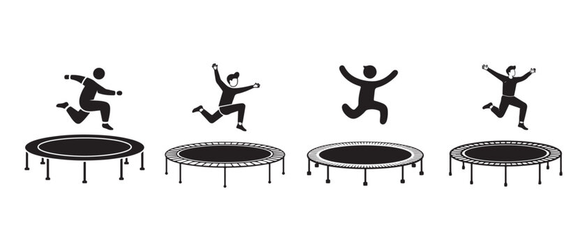 Set of black stick figures jumping on trampolines showing various poses and exercise motions.
