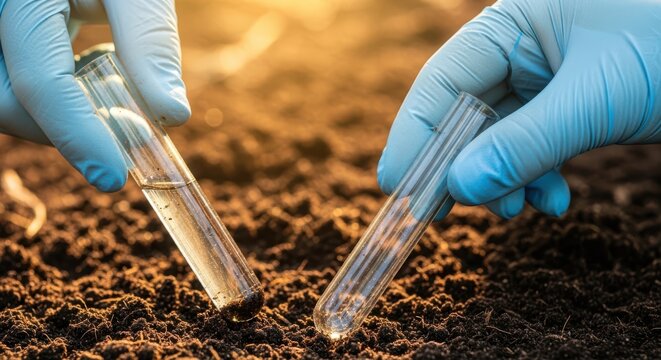 Scientist holding test tubes with soil samples for agricultural research and analysis in a field