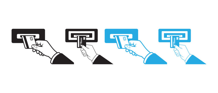 Set of icons showing a hand inserting a credit card into an atm machine slot.