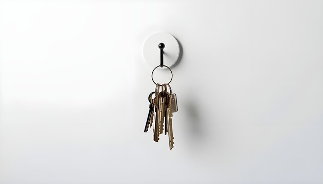 A set of keys hanging on a white wall hook