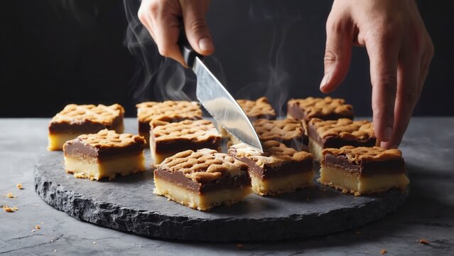 Hands cutting caramel shortbread dessert squares