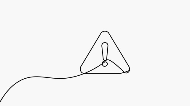 Continuous one line animation of a danger triangle warning sign on a white background. Minimalist aesthetic.