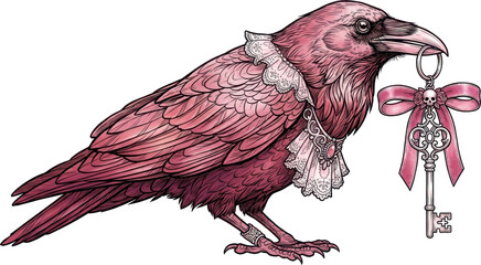 Obraz premium Graceful pink crow illustration holds mysterious antique key, adorned with bow. elegant gothic bird seems curious, guarding secret