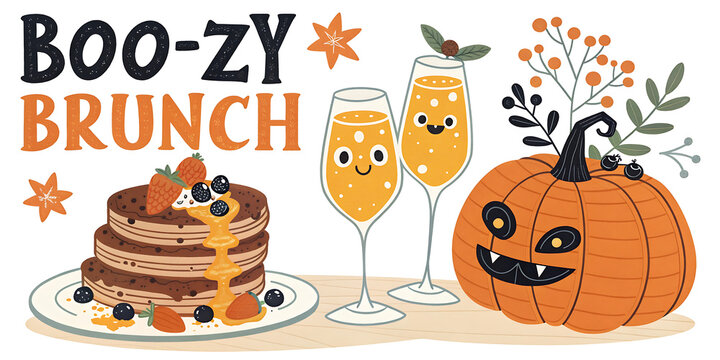Boo-zy brunch Halloween poster design isolated on transparent background with cute pancakes