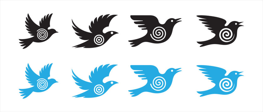 Set of flying bird icons with spiral patterns in black and blue colors.