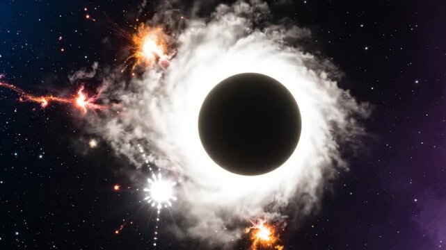 Cosmic spectacle: a celestial event featuring a swirling nebulous halo around a dark circular body in a star-filled universe