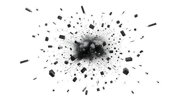A black and white illustration of an explosion with debris flying outward in all directions.