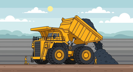 Massive yellow mining dump truck unloading dark coal in open pit mine, illustration © Rizal